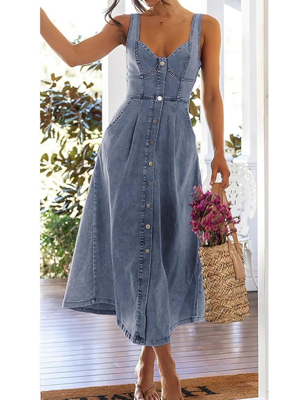 Denim Button-Front Midi Dress with pockets - Light Blue